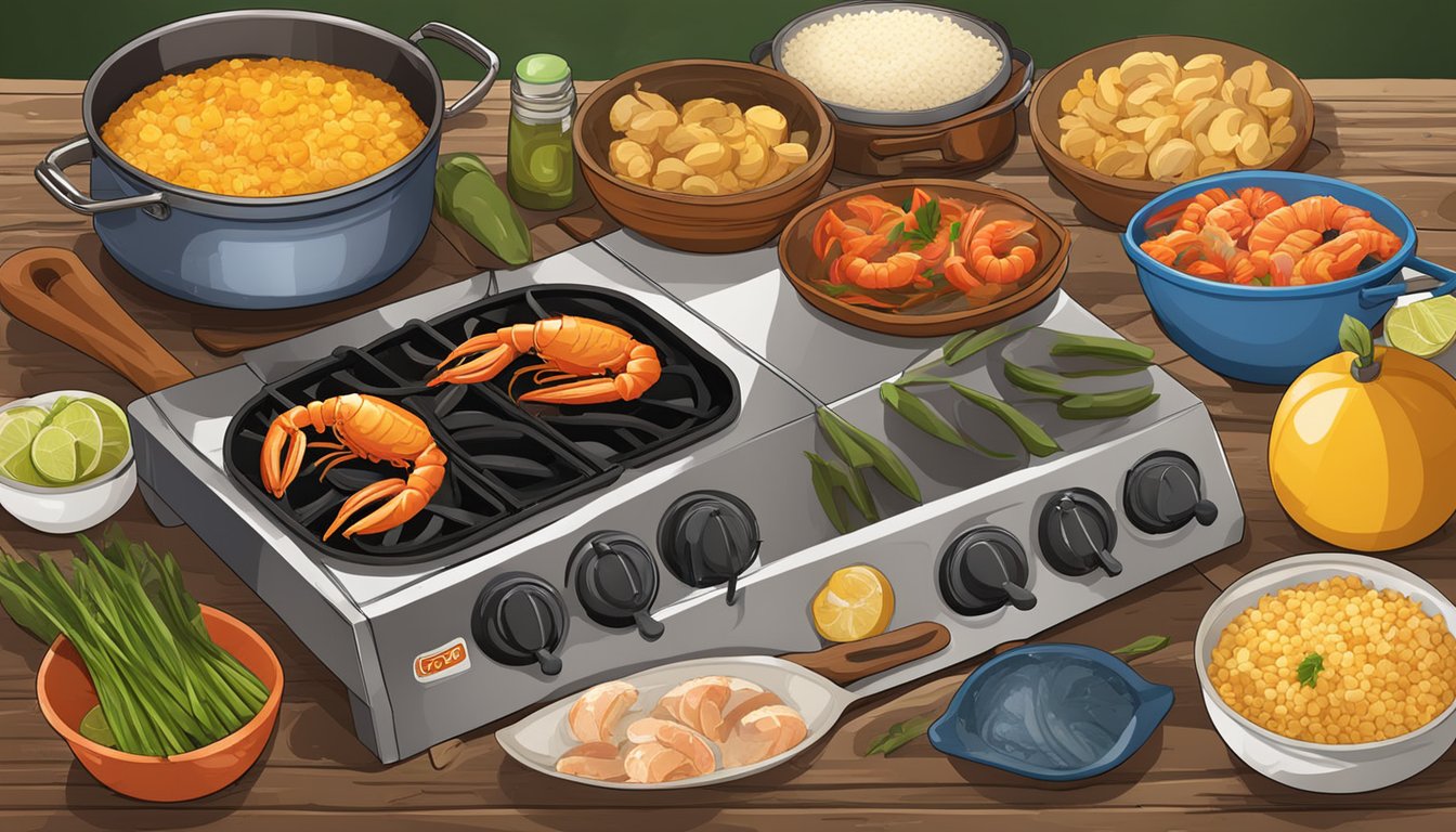 A camp stove sits on a rustic wooden table, surrounded by colorful ingredients like seafood, vegetables, and rice, ready to be cooked into a delicious paella