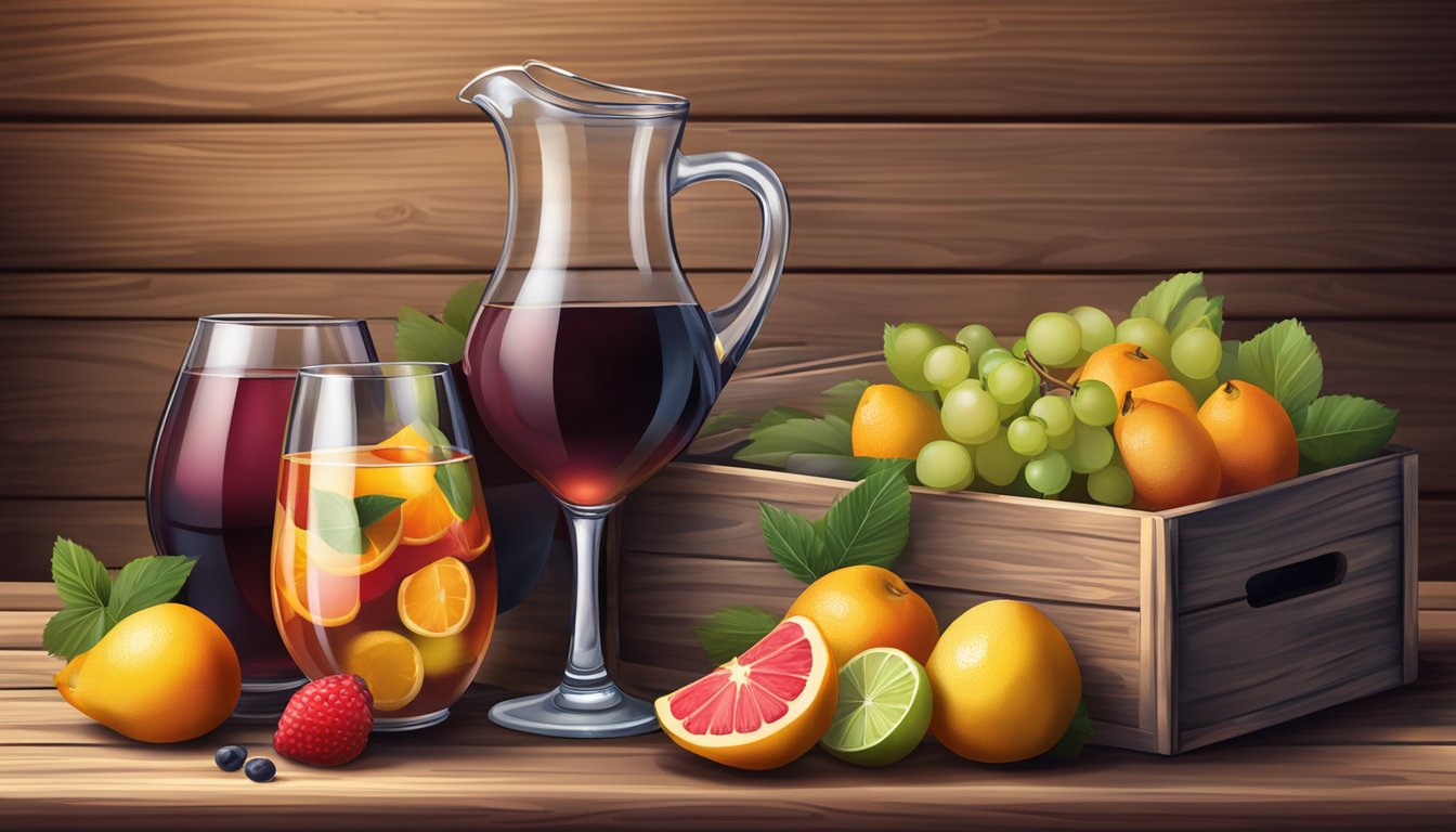 A glass pitcher of sangria surrounded by fresh fruit and a box of wine on a rustic wooden table