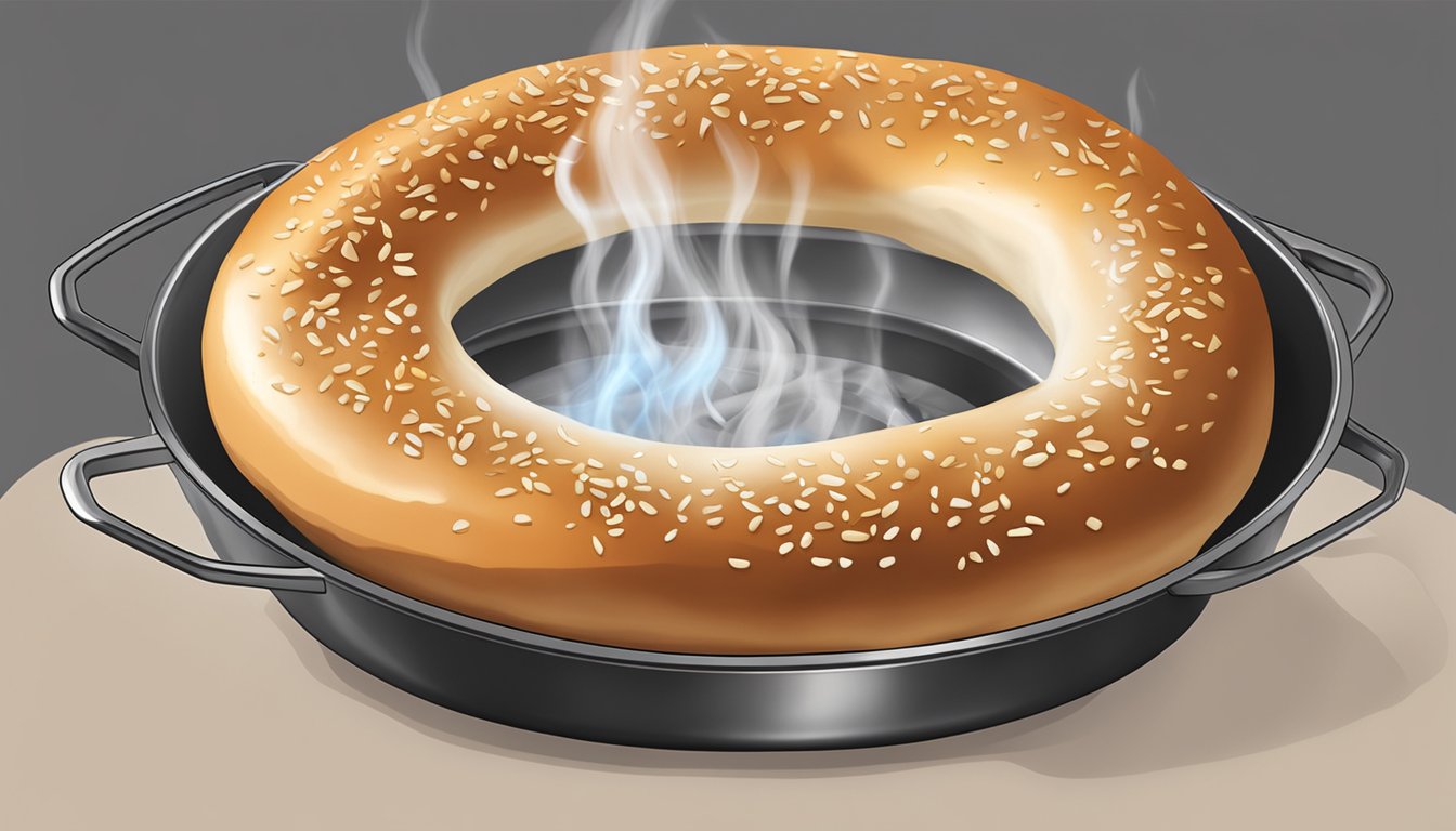 A bagel sits in a sizzling pan, browning on one side. Steam rises from its surface as it cooks