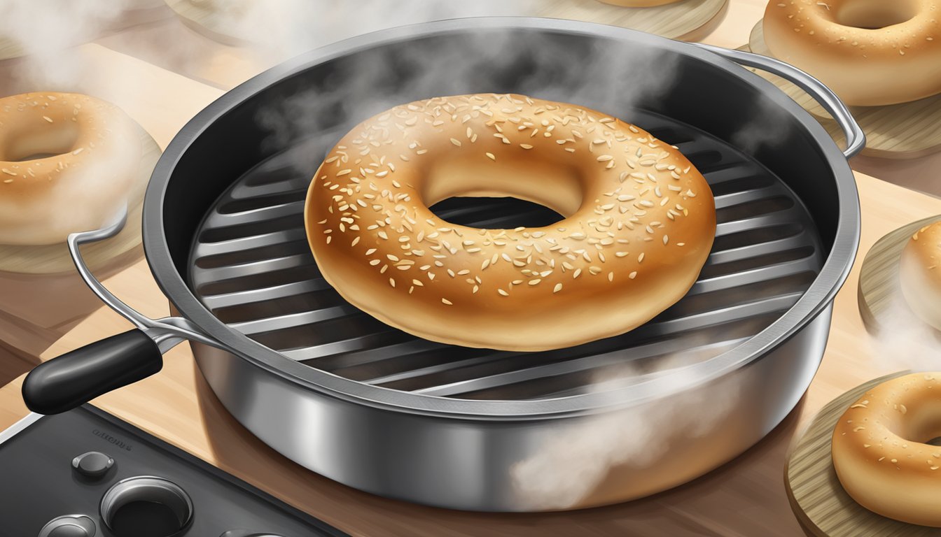 A bagel sizzling in a hot pan, surrounded by steam and a golden-brown crust forming