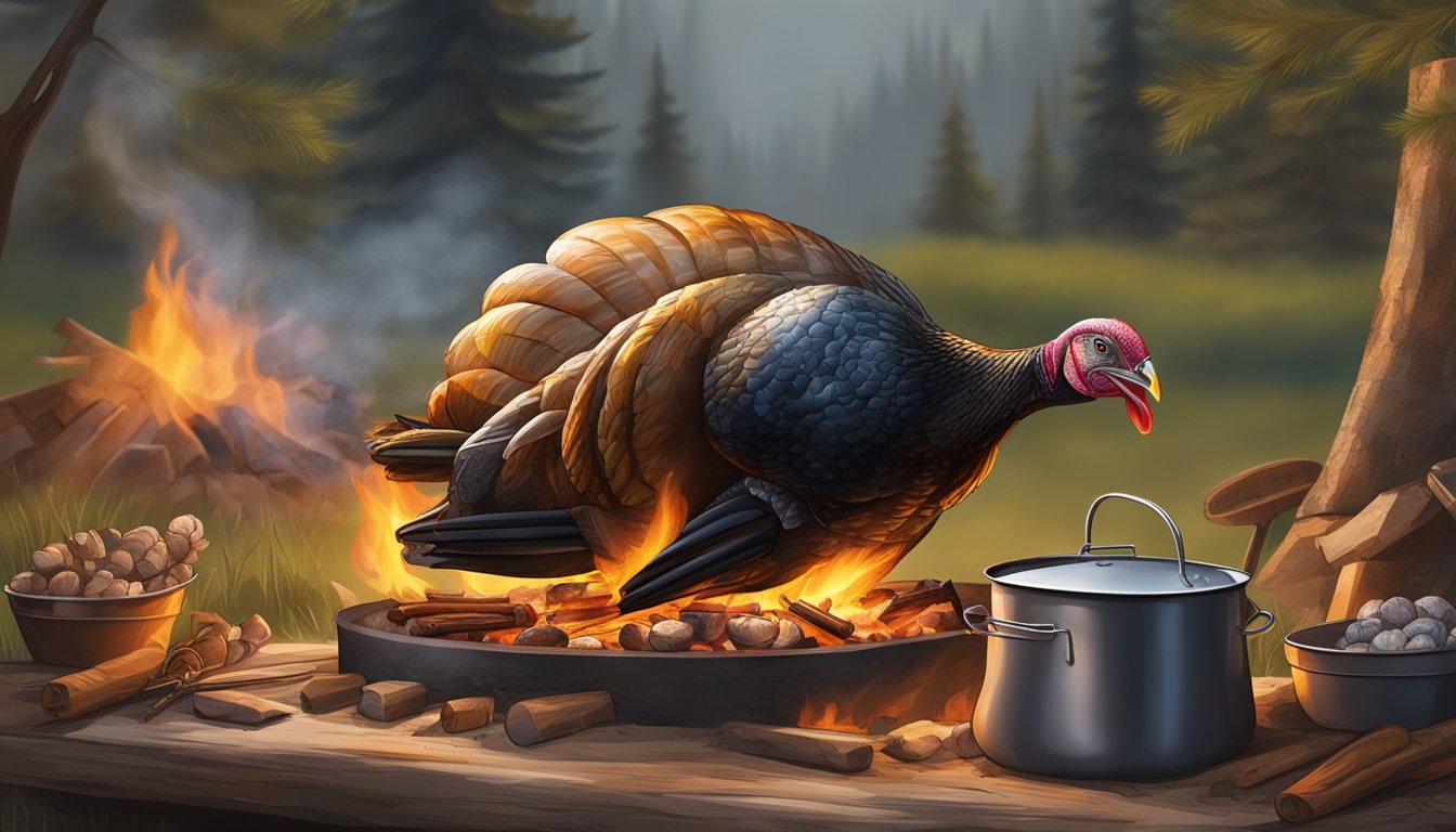 A whole turkey roasting on a campfire, surrounded by crackling flames and billowing smoke, with a rustic outdoor cooking setup nearby