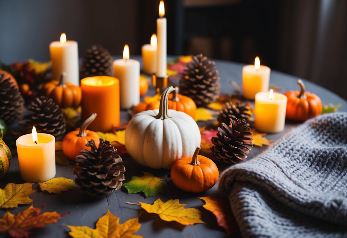 Ein Tisch, der mit bunten Herbstblättern, Tannenzapfen und kleinen Kürbissen bedeckt ist, umgeben von flackernden Kerzen und einer gemütlichen gestrickten Decke.