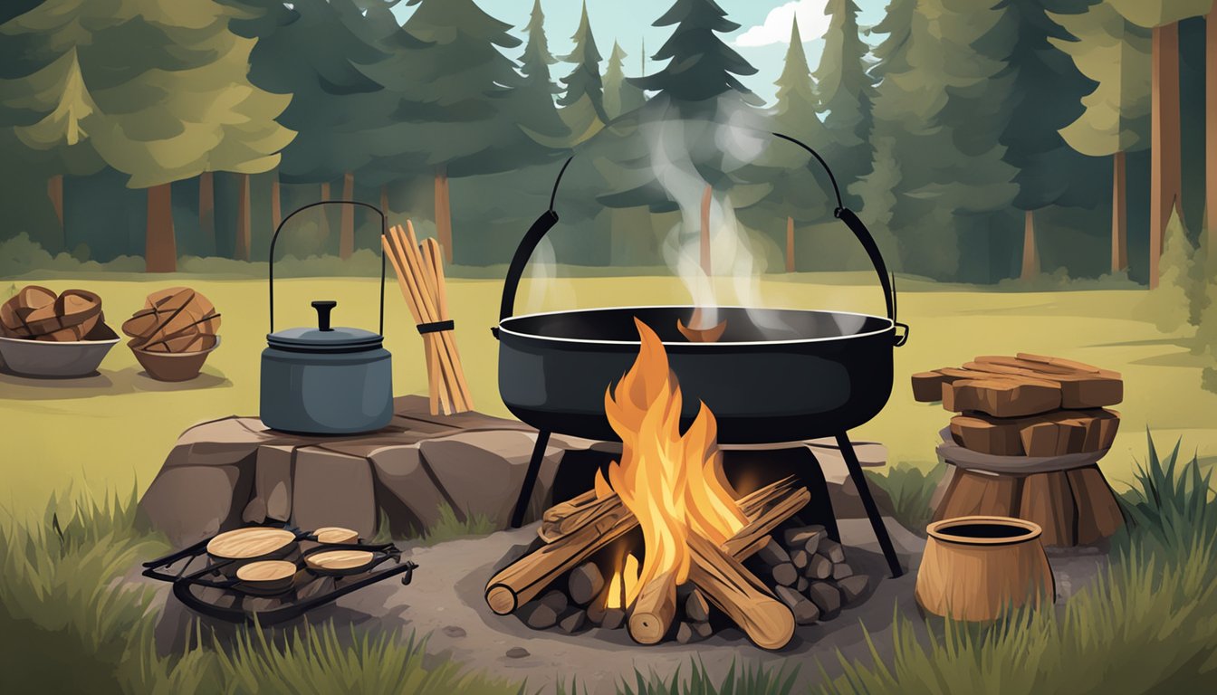 A campfire with a Dutch oven cooking over the flames, surrounded by outdoor cooking utensils and a rustic setting