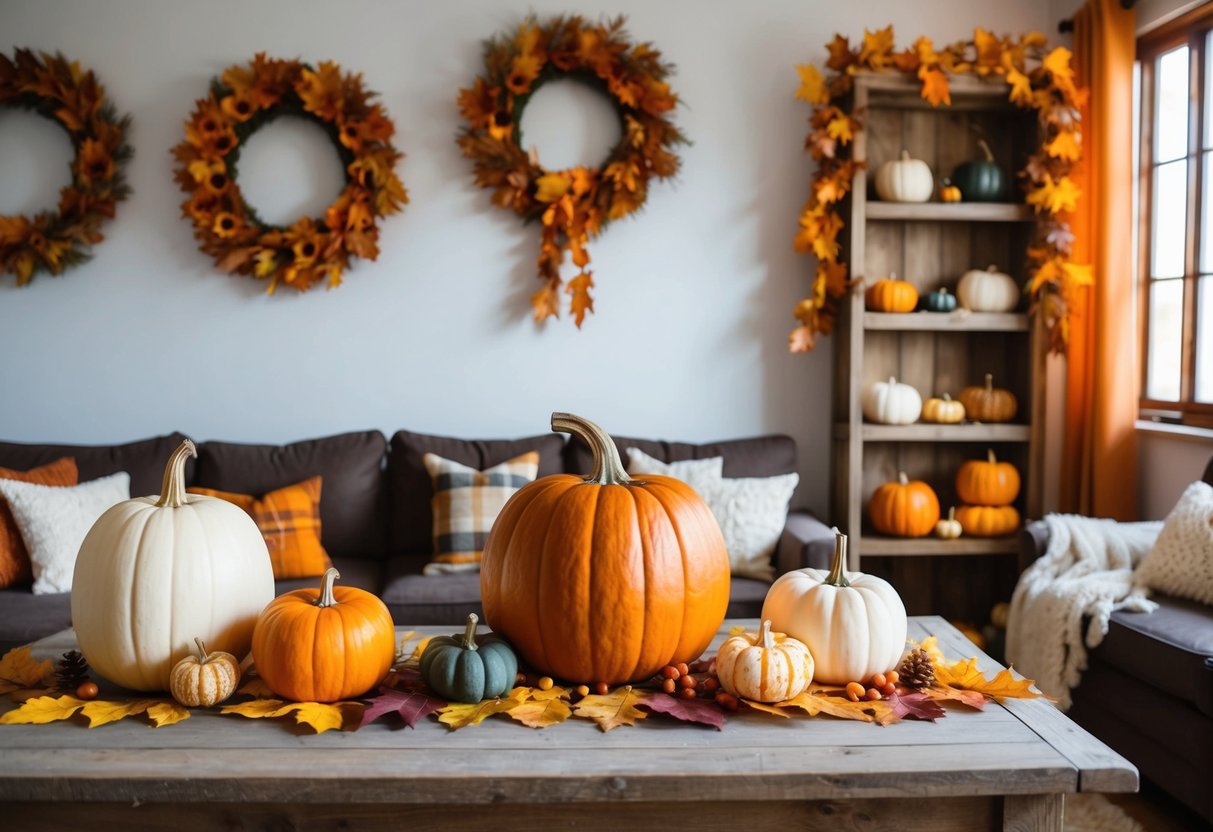 Ein gemütliches Wohnzimmer mit handgemachten herbstlichen Dekorationen, einschließlich Kränzen, Kürbissen und Blattgirlanden, die auf einem rustikalen Holztisch präsentiert werden.
