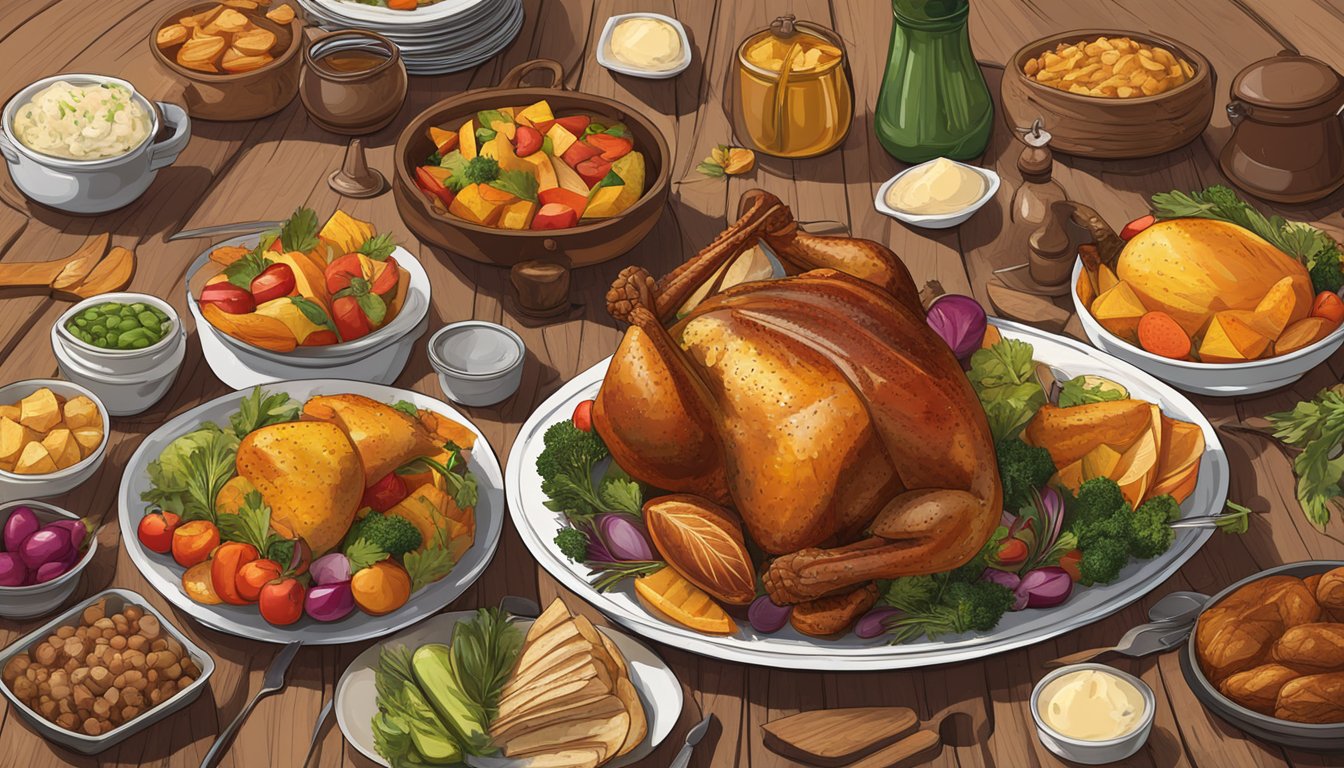 A spread of colorful side dishes arranged around a golden-brown, campfire-roasted turkey on a rustic wooden table