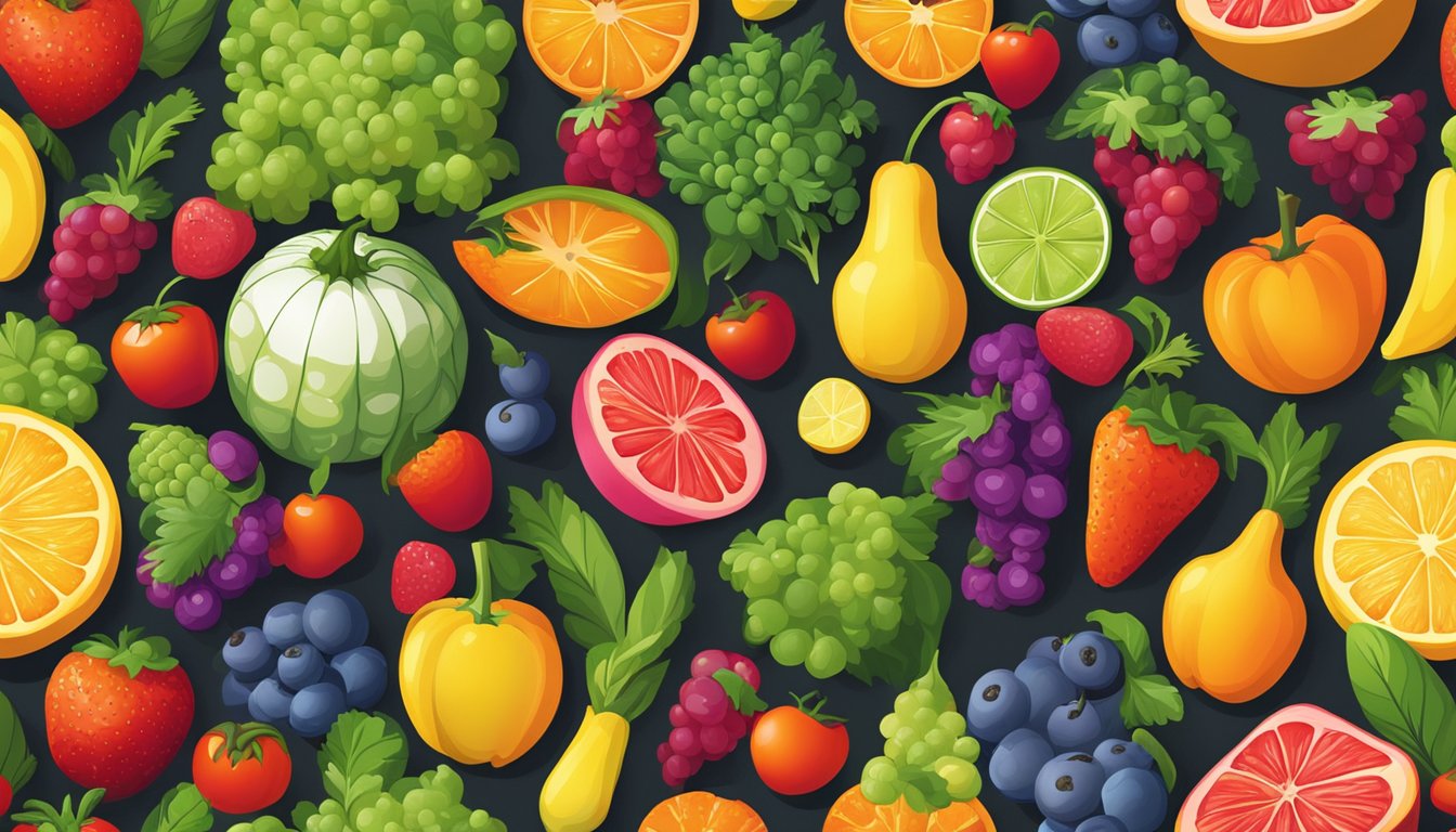 A colorful array of fresh fruits and vegetables arranged in a vibrant, enticing display