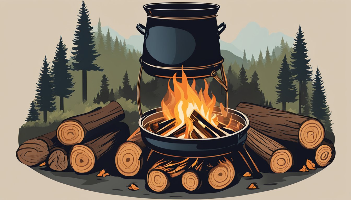 A roaring campfire surrounded by stacked logs, with a cast iron dutch oven nestled in the flames