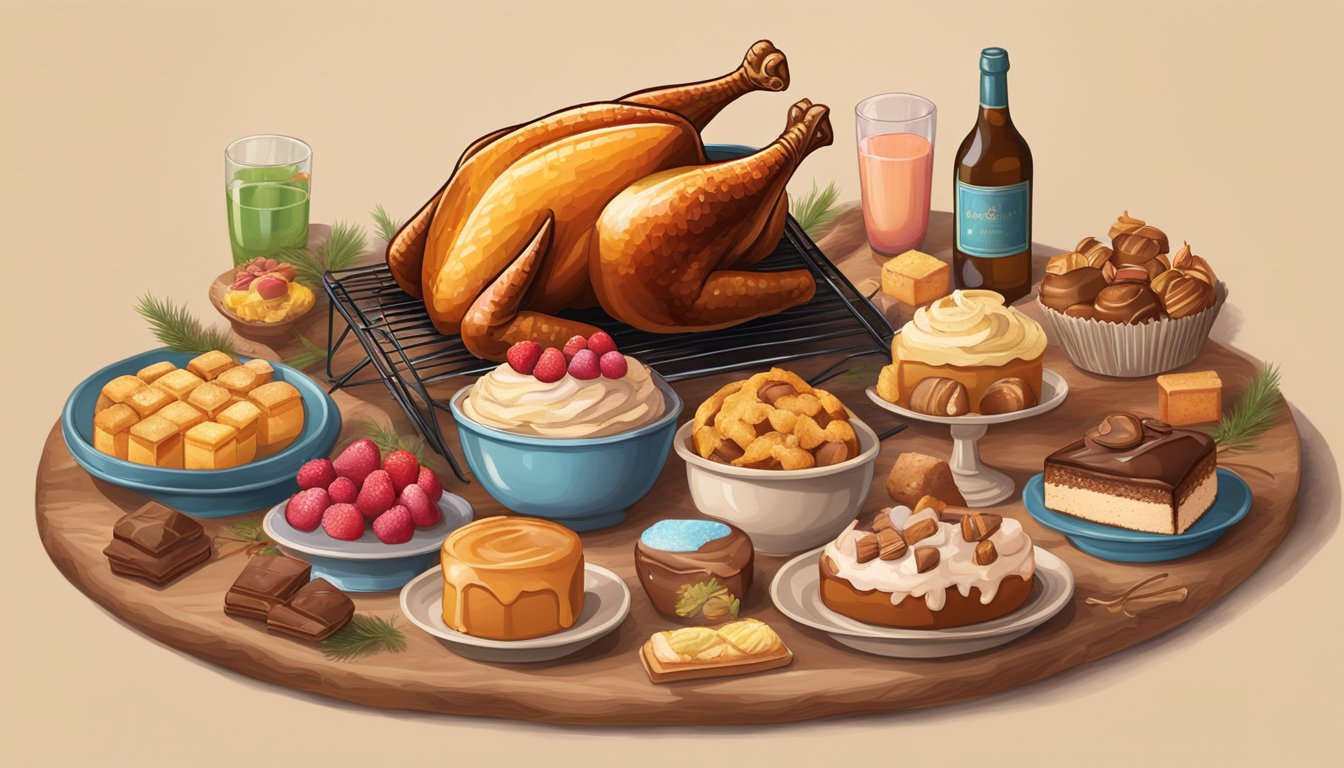 A campfire roasting a turkey surrounded by desserts and sweet treats