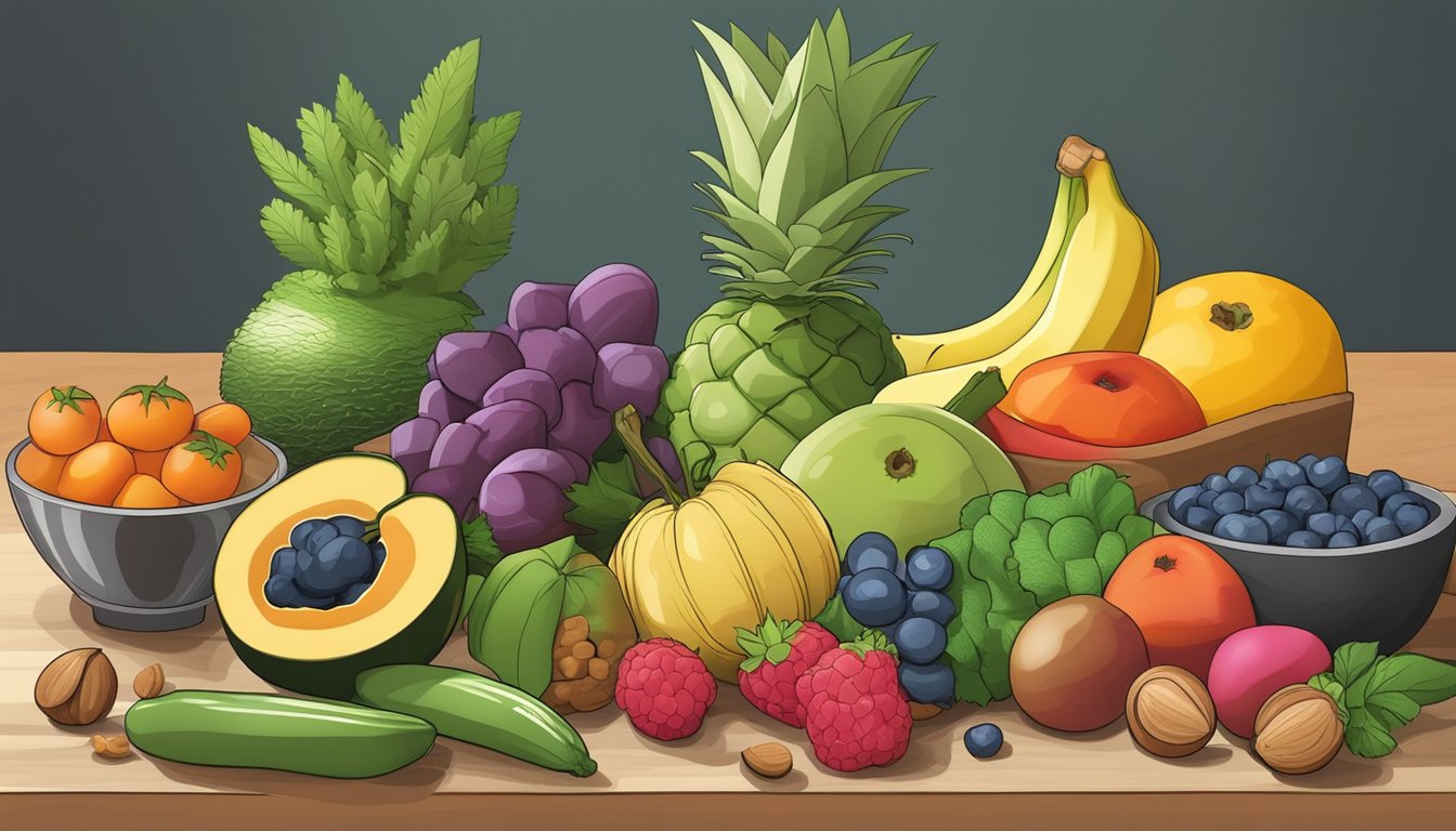 A variety of fresh fruits, vegetables, and nuts arranged on a kitchen counter, alongside a cutting board, knife, and a mortar and pestle for making no-blender smoothies