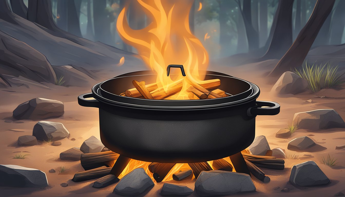 A cast iron dutch oven sits on the glowing coals of a campfire, with a lid nestled on top, steam escaping from the sides