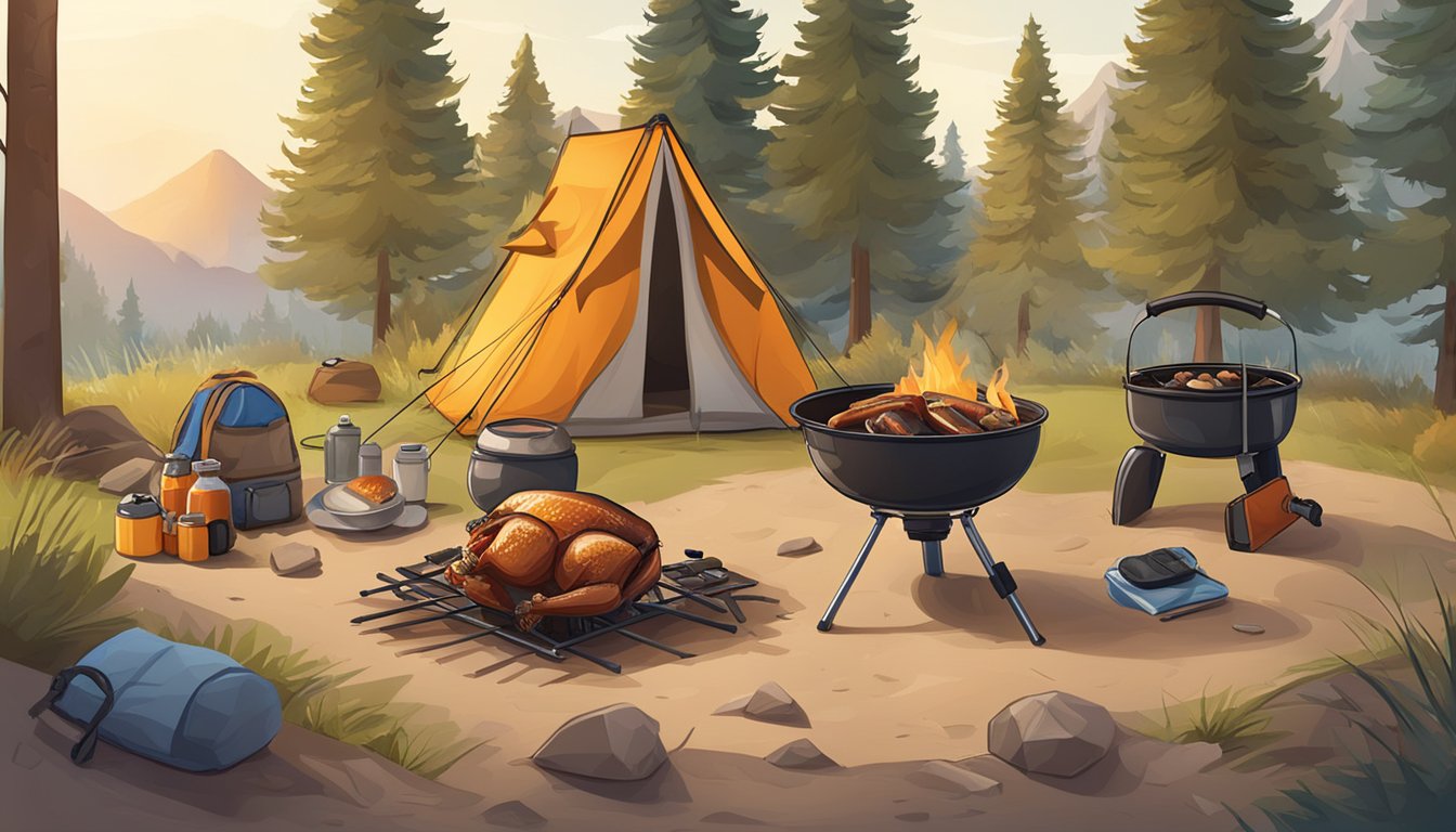 A campfire-roasted turkey surrounded by a clean and organized campsite with safety equipment nearby