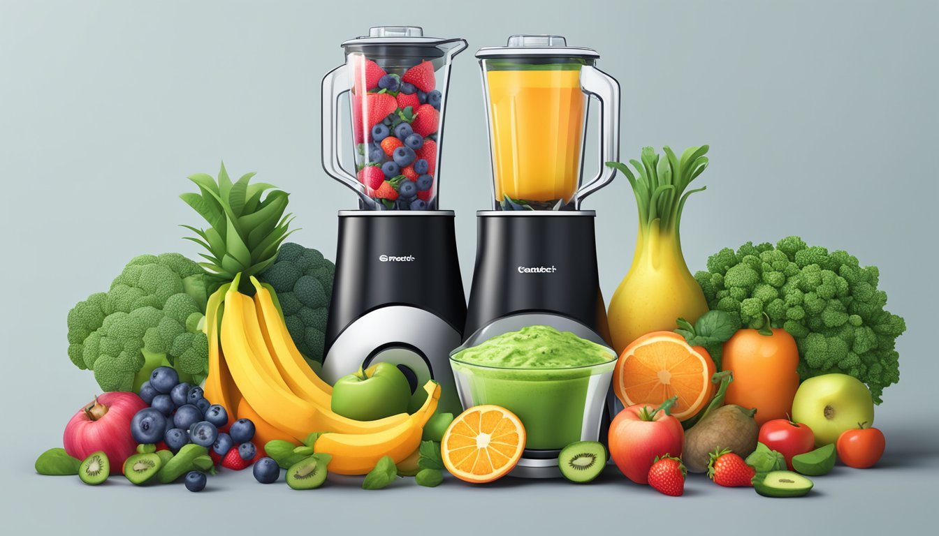 A variety of whole fruits and vegetables arranged around a blender, with a glass of vibrant, nutrient-packed smoothie next to it