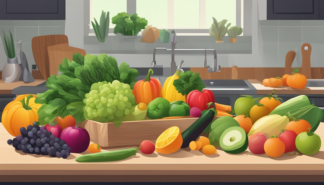 A variety of fresh fruits and vegetables arranged on a kitchen counter, with a cutting board and knife nearby