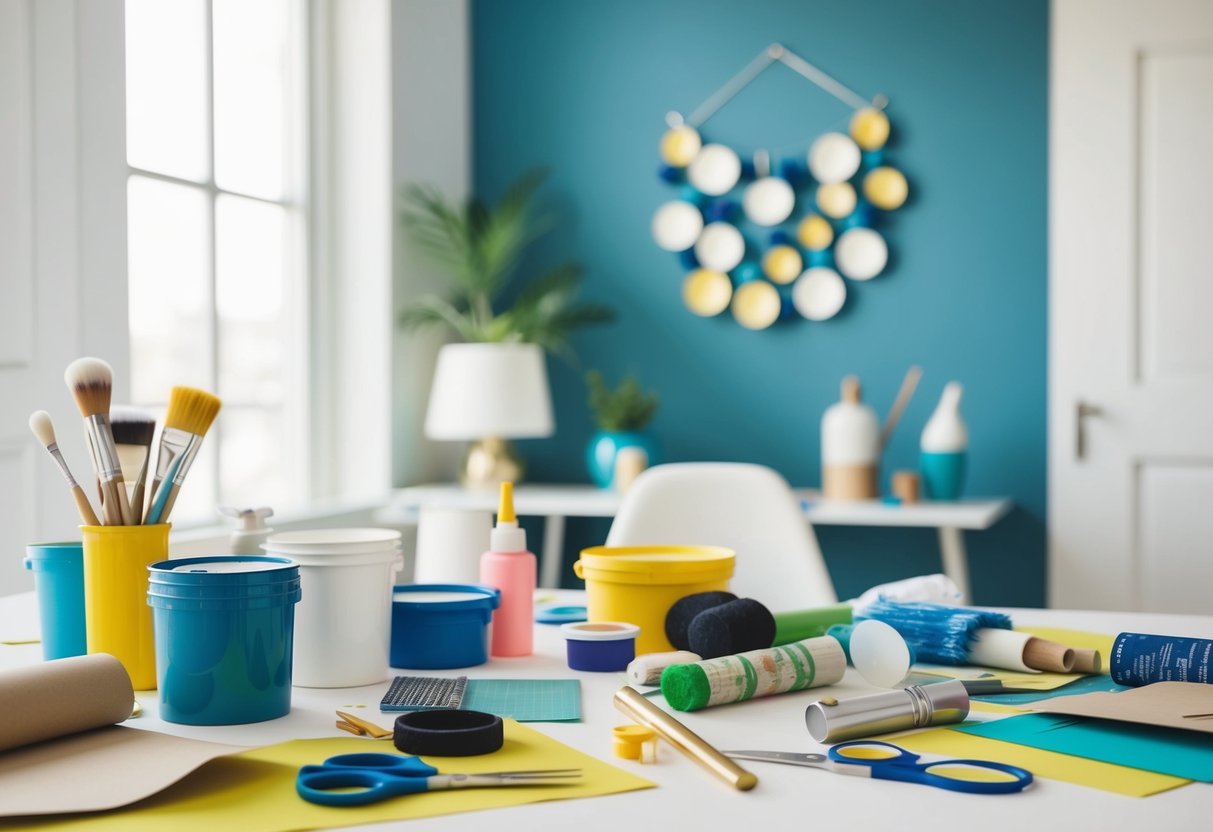 Verschiedene Bastelmaterialien und Werkzeuge liegen verstreut auf einem Tisch, darunter Farbe, Pinsel, Papier, Scheren und Kleber. Eine fertige DIY-Wanddekoration hängt im Hintergrund an der Wand.