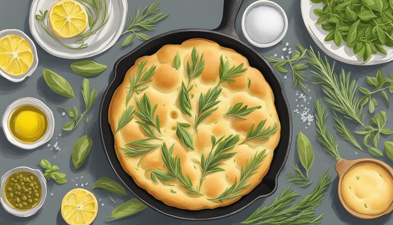 Golden focaccia baking in a cast iron skillet, surrounded by fresh herbs, olive oil, and sea salt