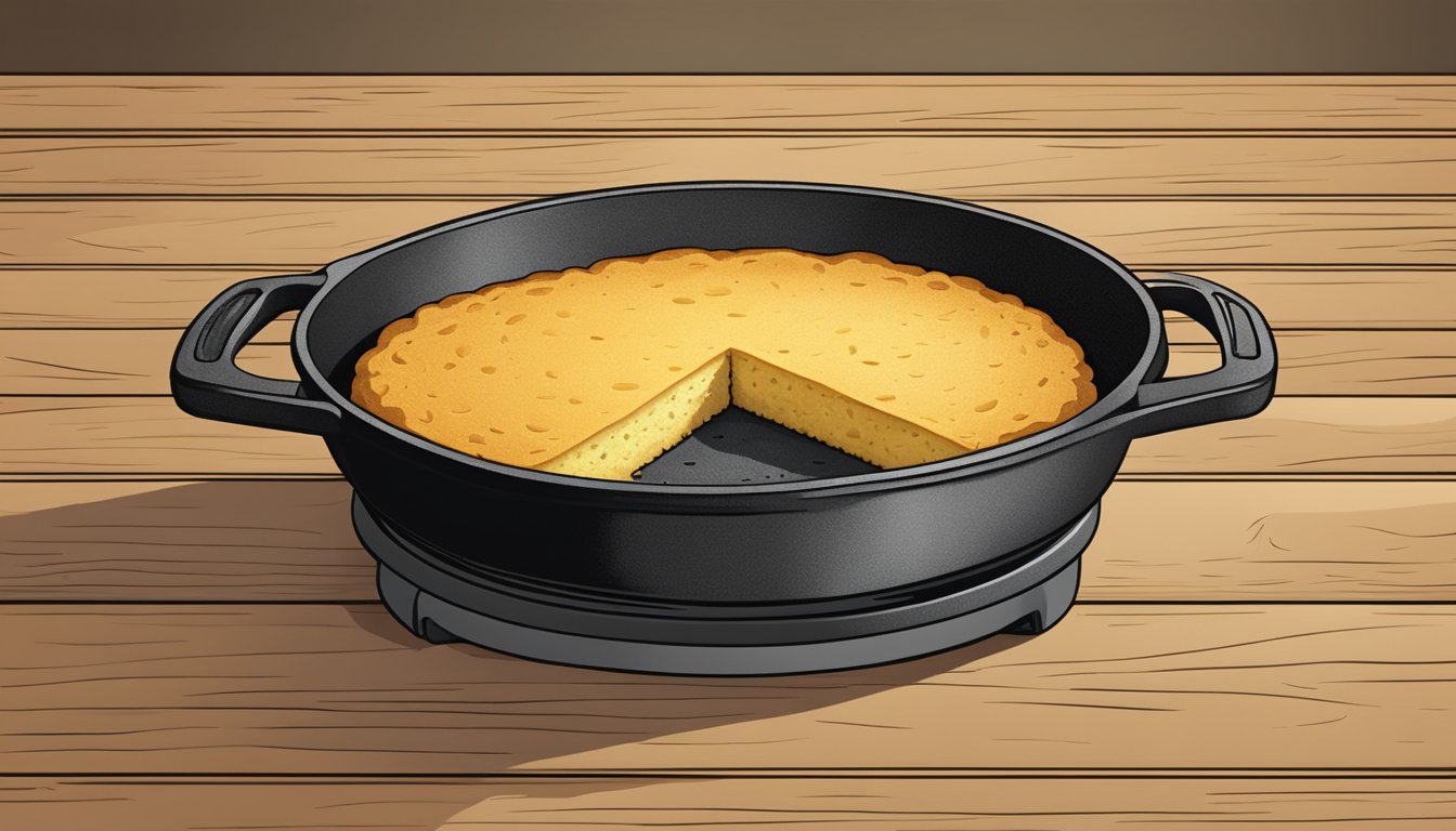 A cast iron skillet filled with golden-brown cornbread, sitting on a rustic wooden table with a patina of use