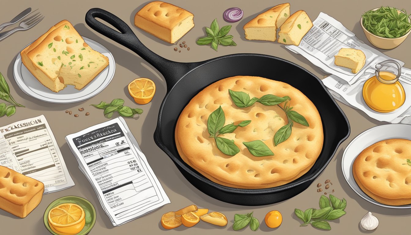 A cast iron skillet with freshly baked focaccia surrounded by various nutritional information labels and dietary consideration symbols