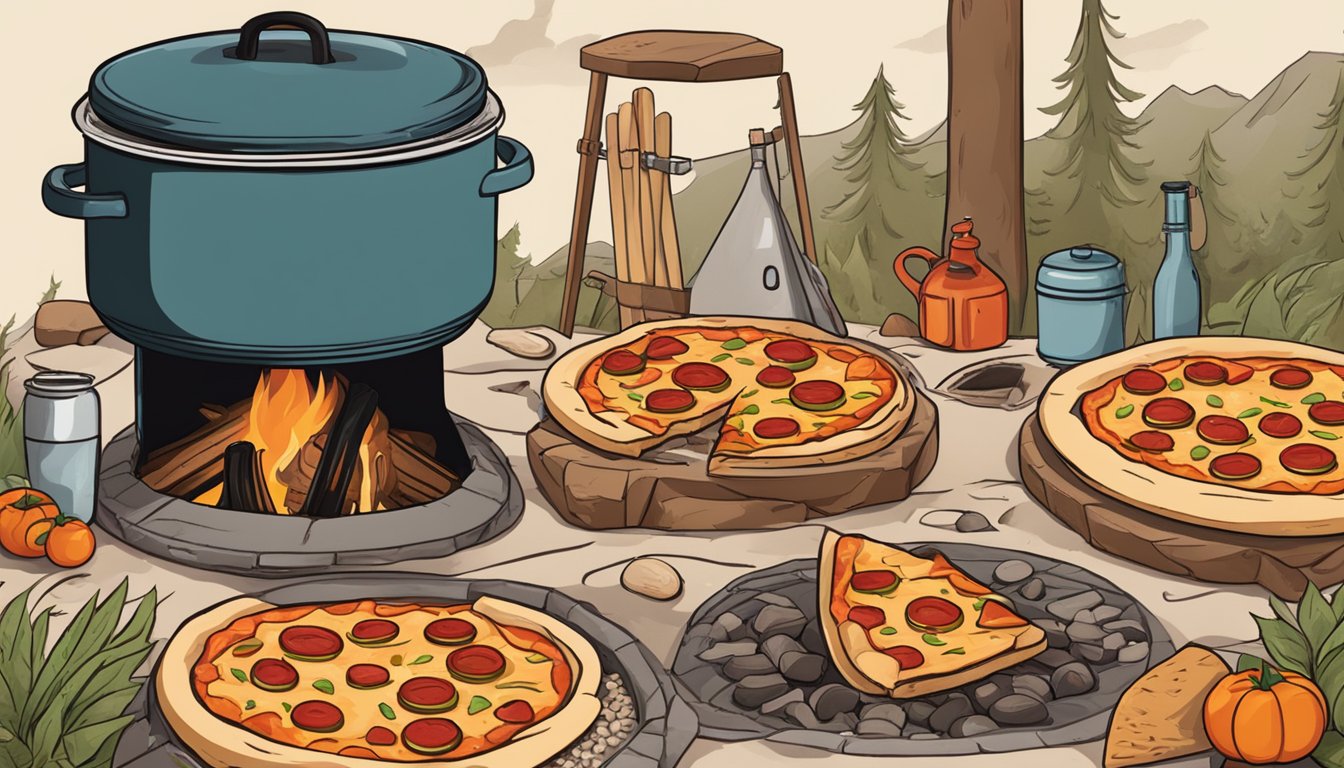 A campfire with a dutch oven placed on hot coals, surrounded by pizza ingredients and utensils