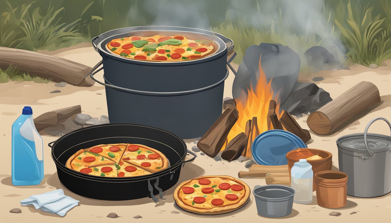 A dutch oven sits by the campfire, with pizza remnants and utensils scattered around. A bucket of water and cleaning supplies are nearby for cleanup