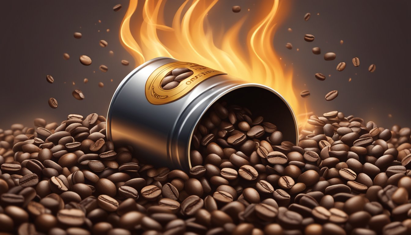 Coffee beans spill from a bag onto a metal canister. A flame underneath roasts the beans, releasing a rich aroma