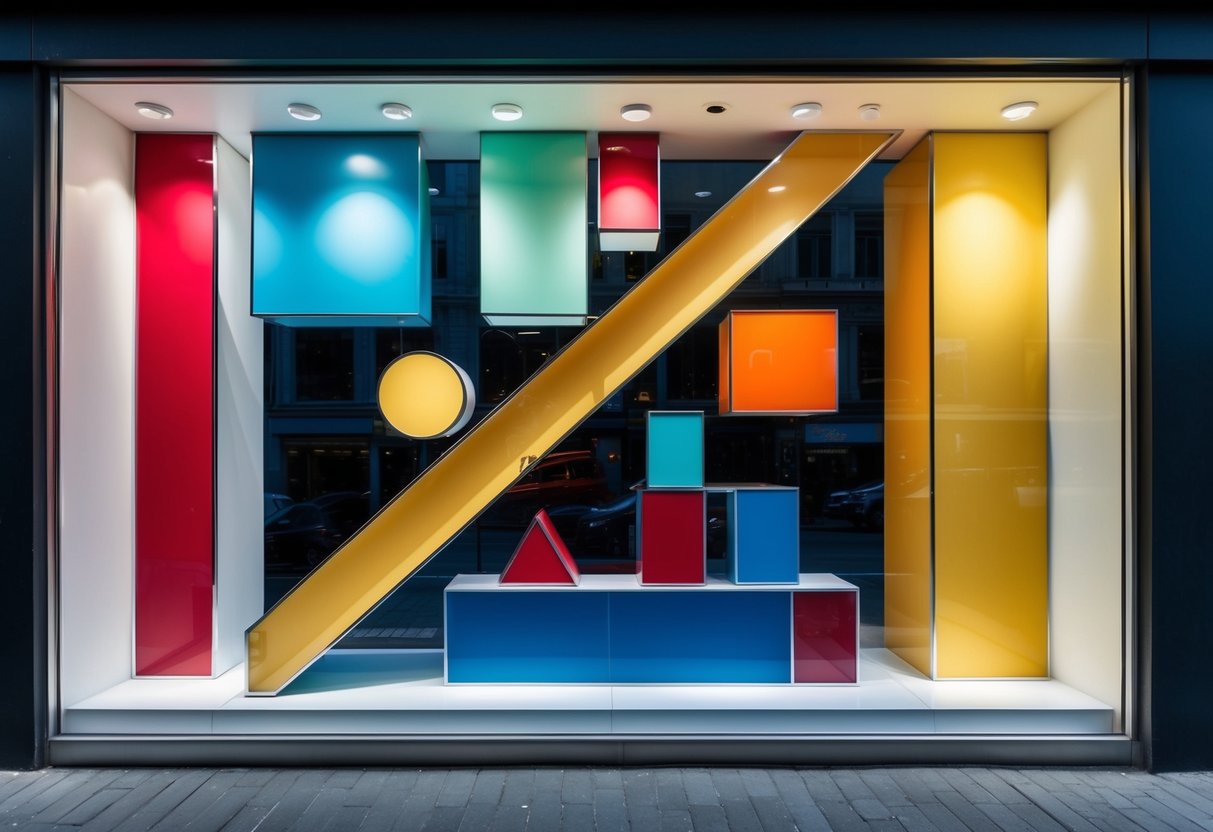 Ein modernes Schaufenster mit schlanken, geometrischen Formen und lebendigen Farben