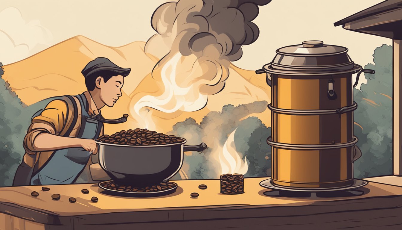 A person roasts coffee beans in a can over an open flame. Smoke rises as the beans turn golden brown