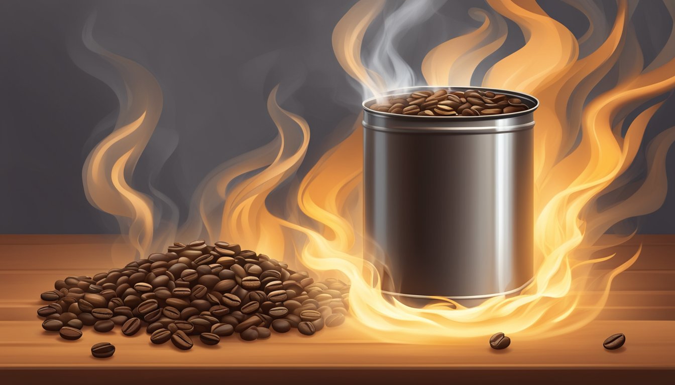 Coffee beans roasting in a can over an open flame, emitting a rich aroma