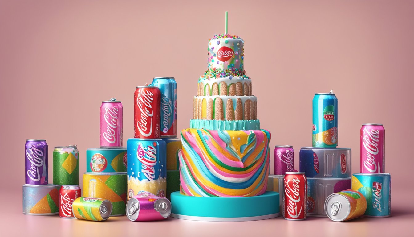 A towering cake made of stacked soda cans, adorned with colorful frosting and sprinkles, topped with a miniature soda can as a decorative centerpiece