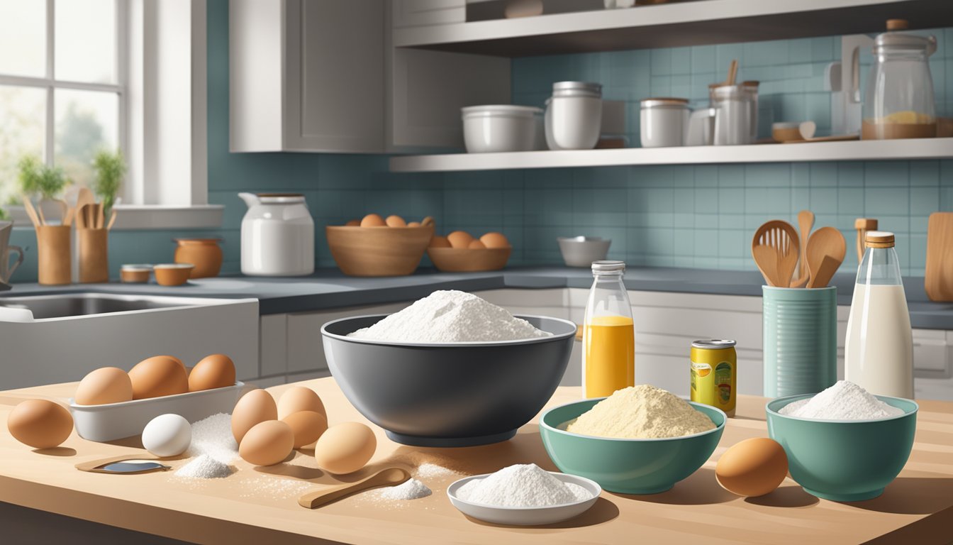 A mixing bowl filled with flour, eggs, and a can of soda, surrounded by baking utensils and ingredients on a kitchen counter