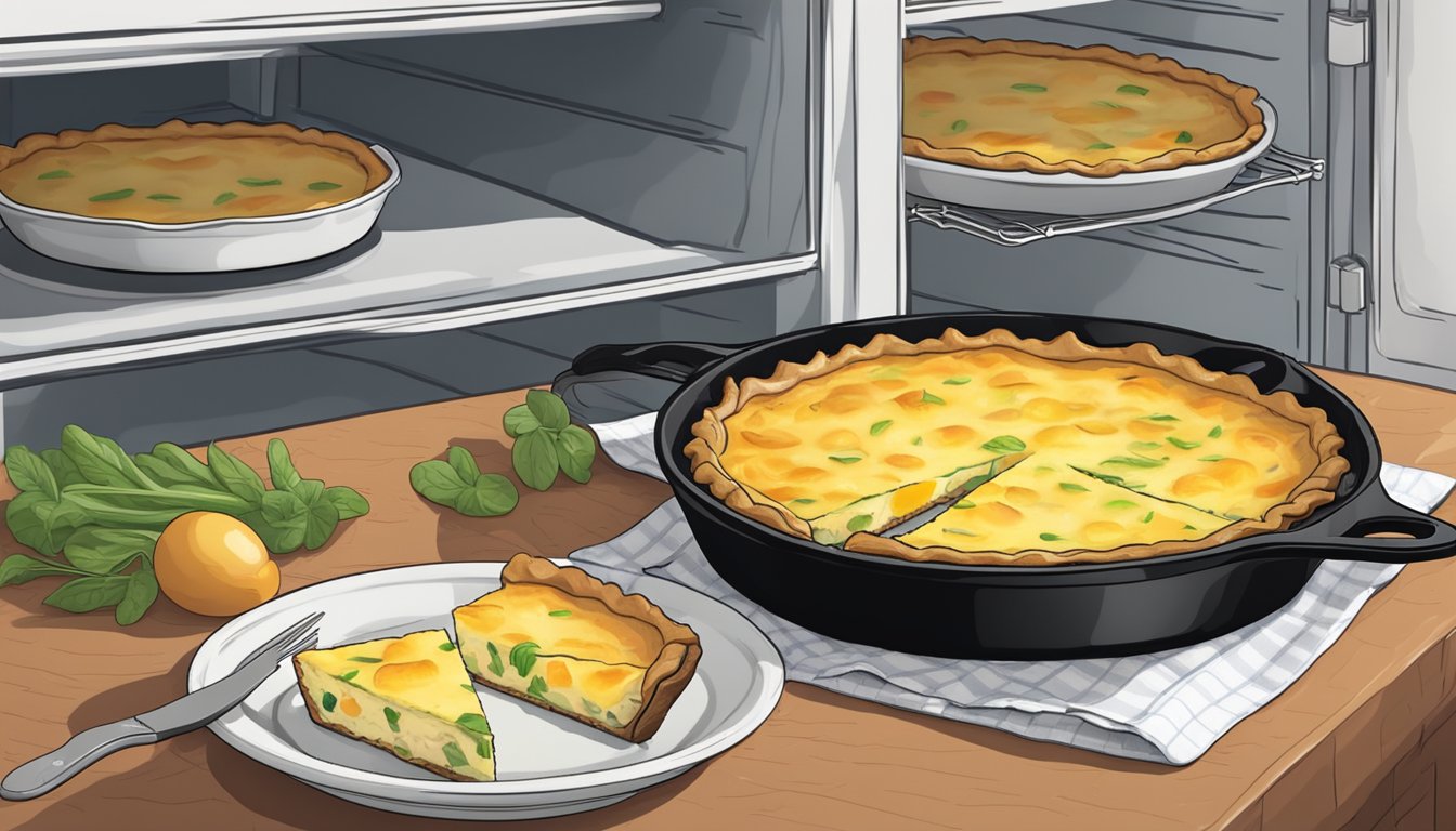 A cast iron skillet quiche is being placed in the refrigerator and then reheated in the oven