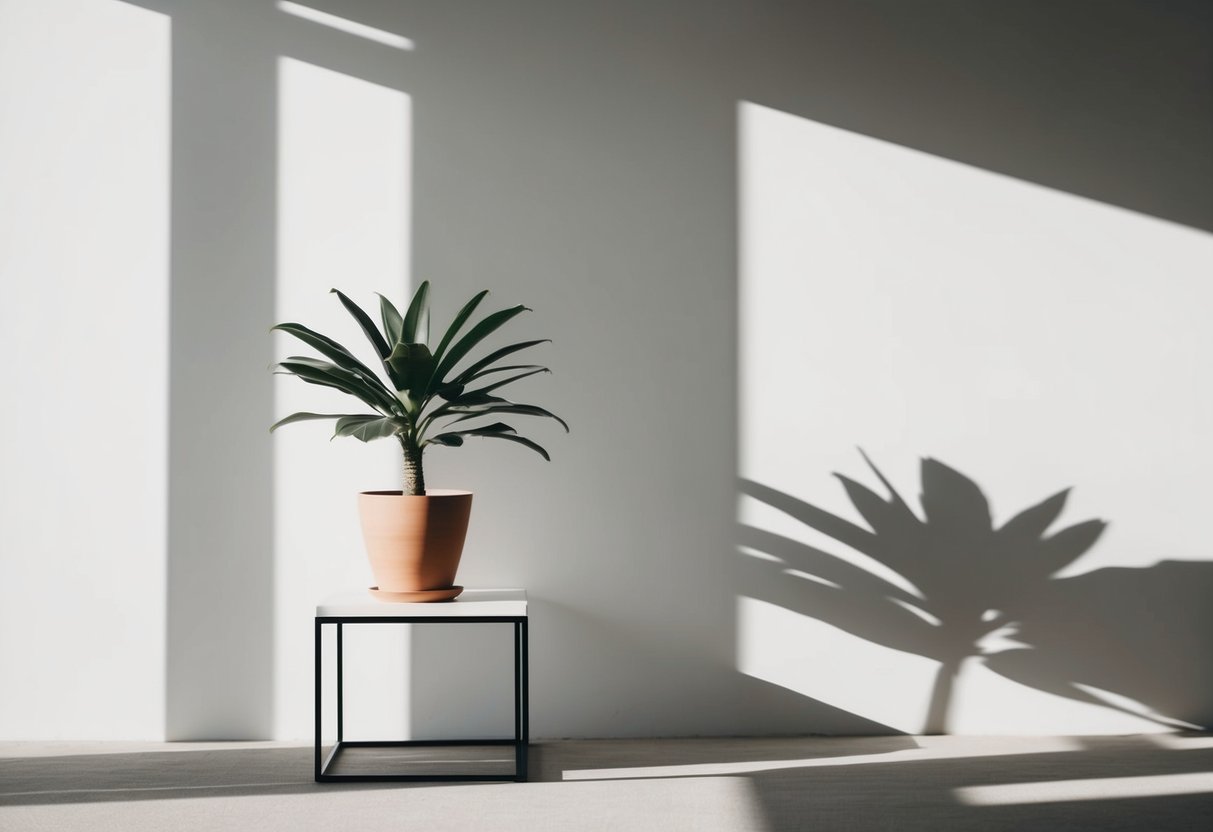 Ein einfacher, moderner Raum mit klaren Linien und neutralen Farben. Eine einzelne Topfpflanze steht auf einem eleganten Tisch und wirft einen Schatten an die weiße Wand.