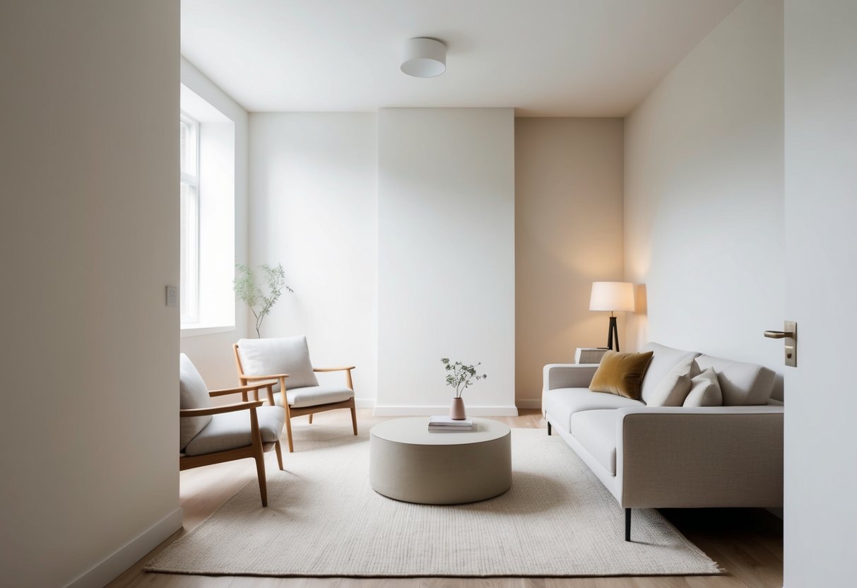 Ein einfacher, aufgeräumter Raum mit klaren Linien und minimaler Möbeln. Neutrale Farben und natürliches Licht schaffen eine ruhige Atmosphäre.
