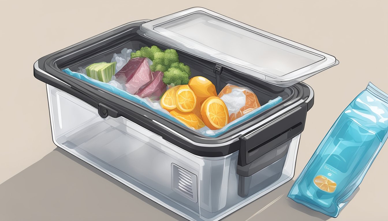 A clear plastic cooler with a sous vide machine attached, filled with water and a vacuum-sealed bag of food inside