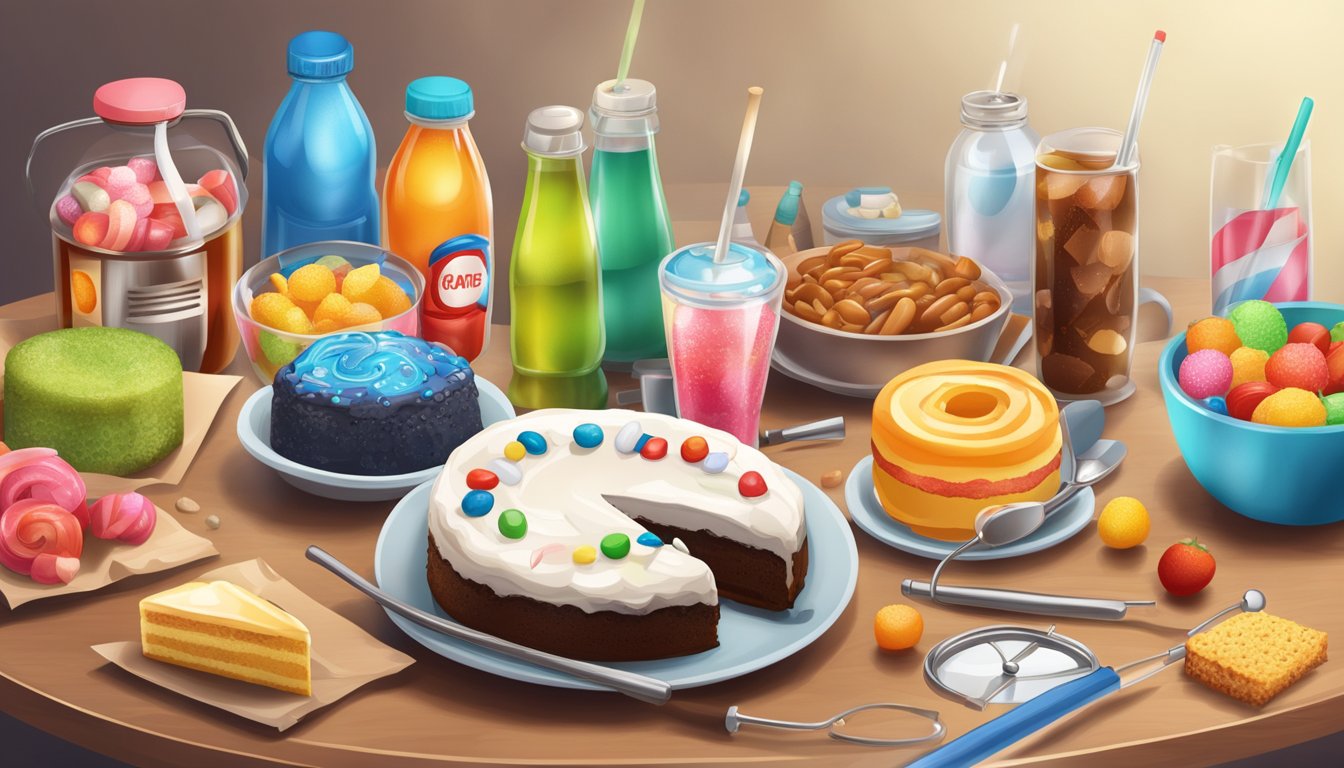 A table with a variety of unhealthy foods such as cake, soda, and candy, alongside a doctor's stethoscope and a warning sign