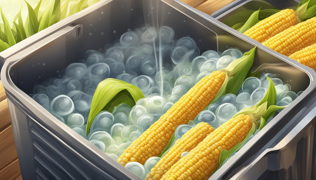 Fresh ears of corn in a large cooler filled with boiling water, steaming in the summer sun