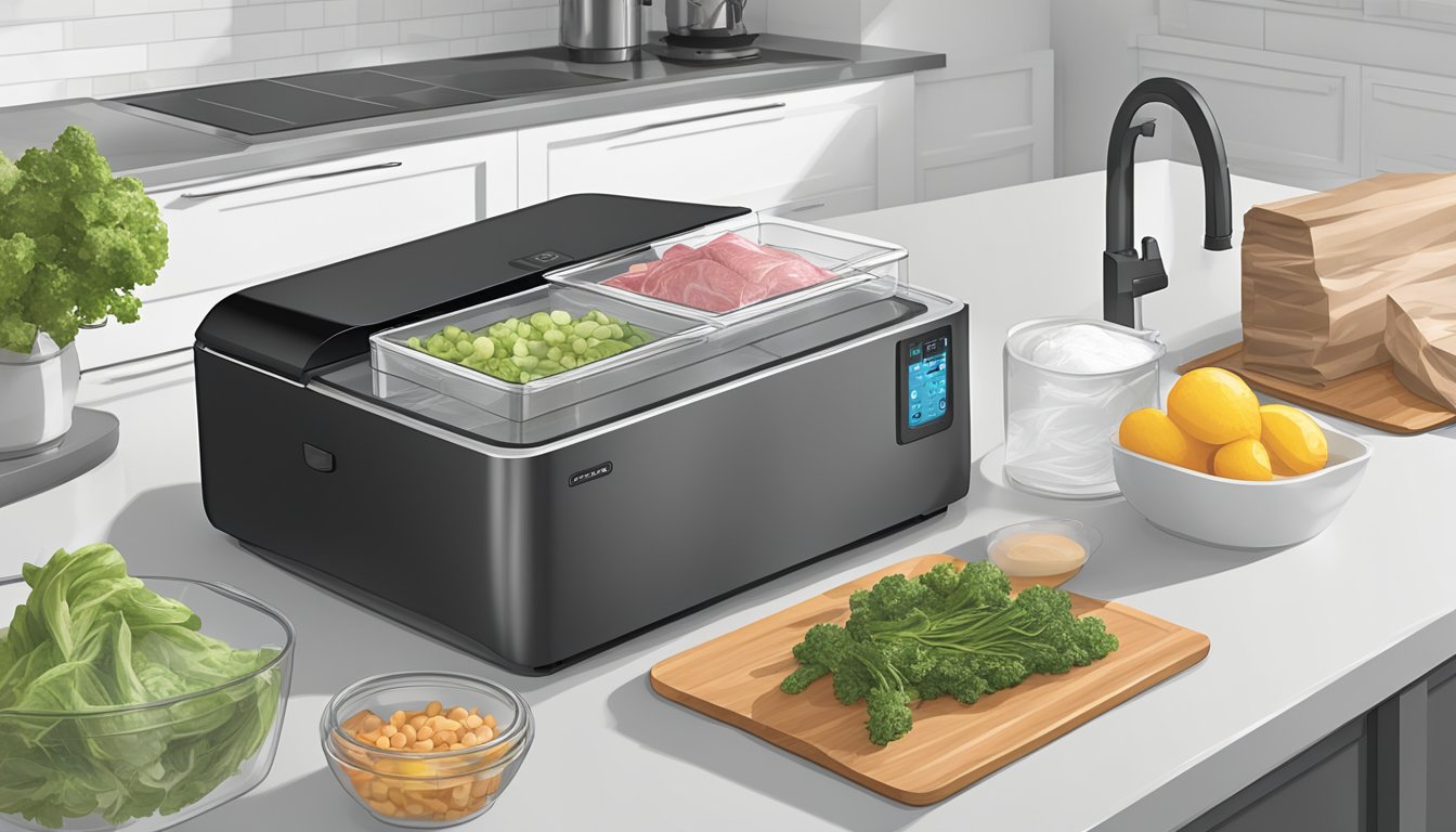 A sleek, modern kitchen counter with a cooler-sized sous vide machine, vacuum sealer, and bags of vacuum-sealed ingredients ready for sous vide cooking