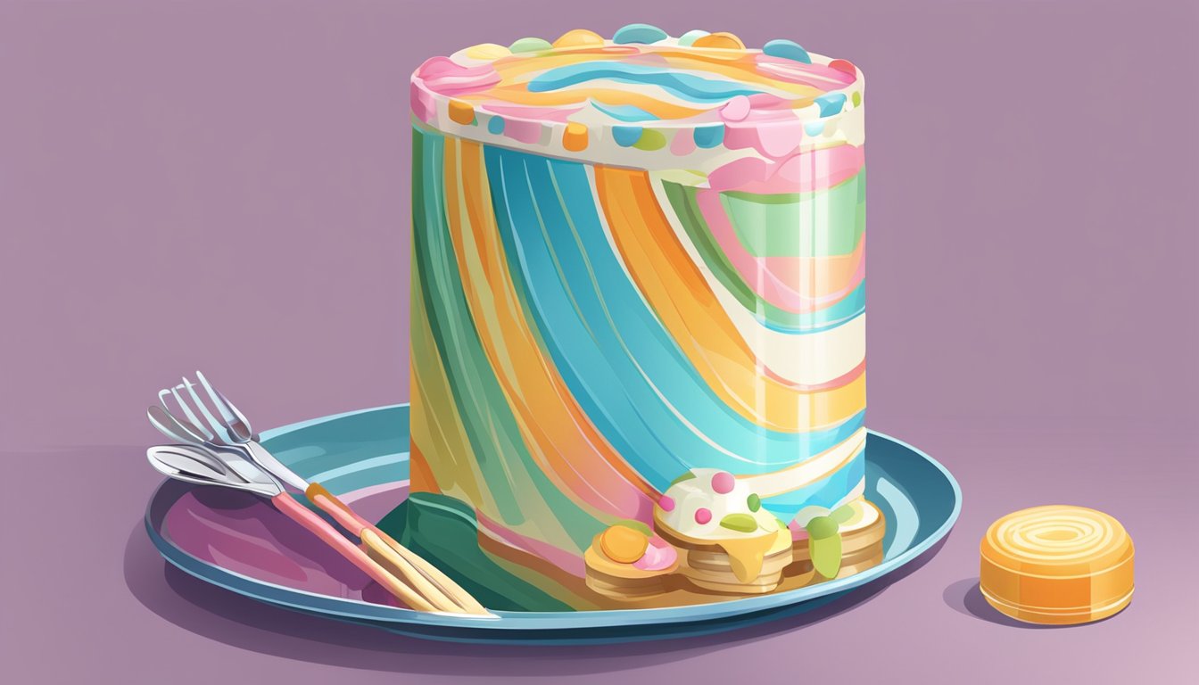 A colorful can-shaped cake on a decorative platter with a serving utensil beside it