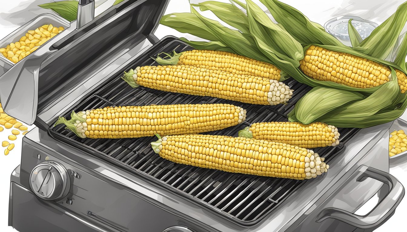 Fresh corn and butter on a grill, surrounded by foil and seasonings. A cooler sits nearby with boiling water