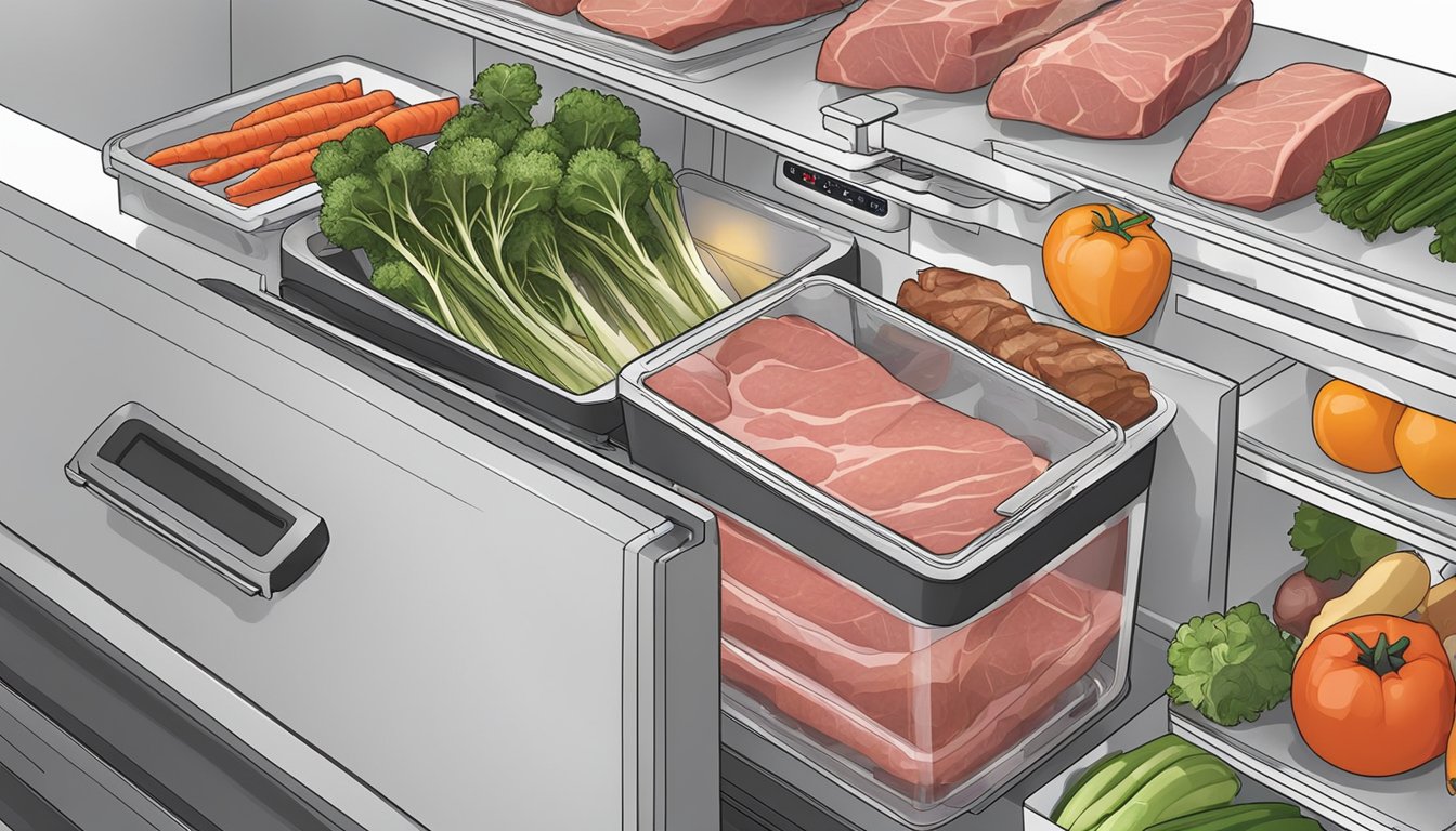 Various meats and vegetables arranged next to a sous vide machine inside a cooler, ready to be vacuum-sealed and cooked