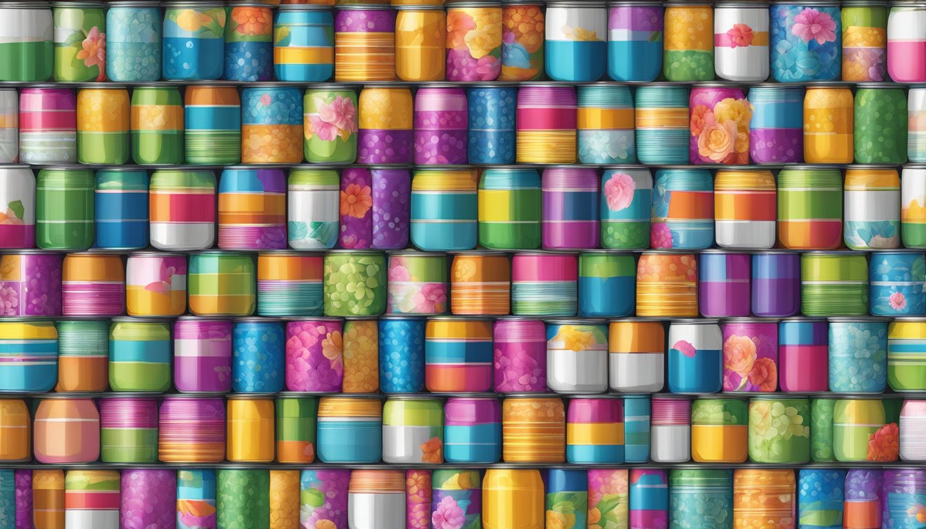 A colorful array of empty cans stacked and arranged to form a multi-tiered cake, adorned with flowers and ribbons