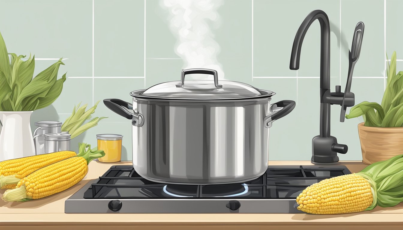 A large pot of boiling water sits on a stove. Fresh corn on the cob is being carefully placed into the pot using tongs