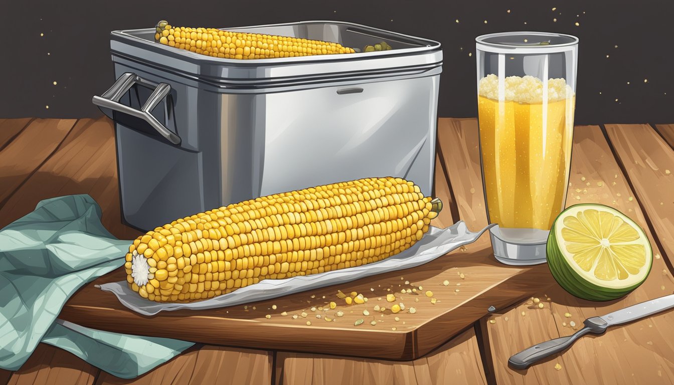 Freshly grilled corn on the cob, brushed with butter and sprinkled with seasonings, resting on a wooden cutting board next to a cooler filled with ice