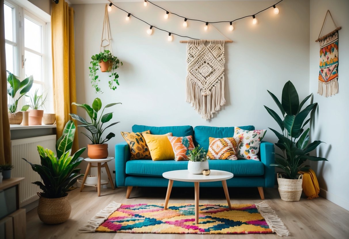 Ein gemütliches Wohnzimmer mit bunten Kissen, Topfpflanzen und Lichterketten, die von der Decke hängen. Ein handgemachtes Makramee-Wandbehang verleiht einen bohemian Touch.