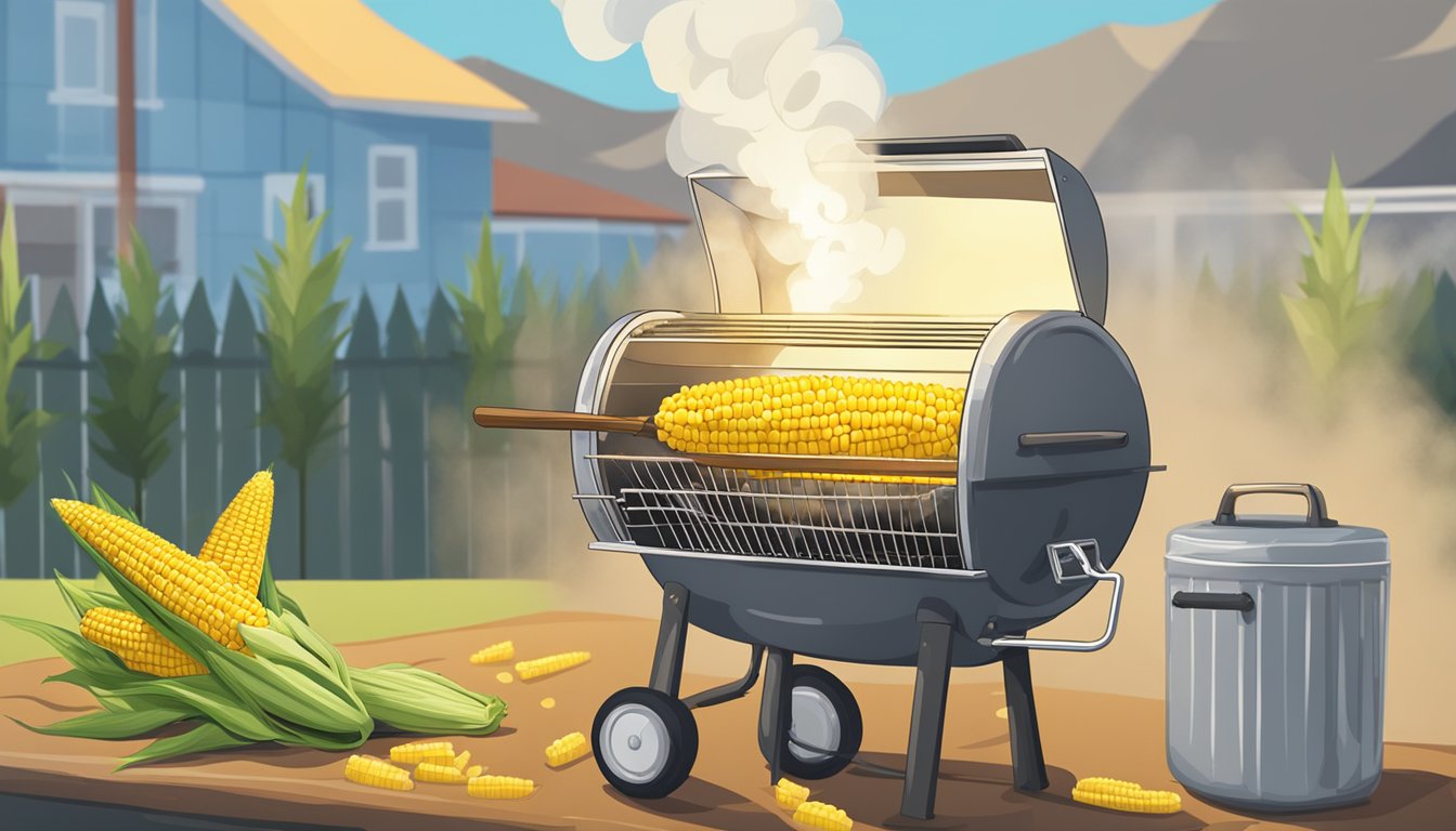 Corn on the cob wrapped in foil on a grill with a cooler nearby. Smoke rises from the grill as the corn cooks