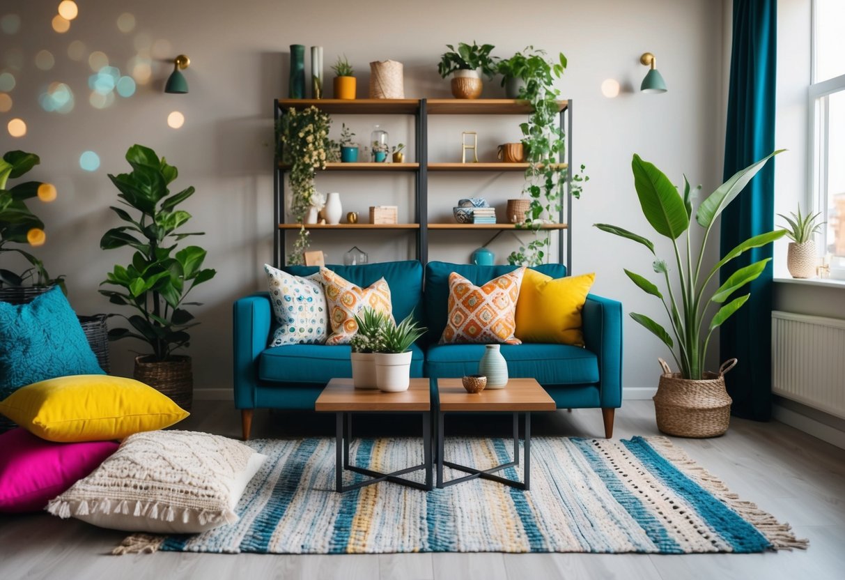 Ein gemütliches Wohnzimmer mit bunten Kissen, Topfpflanzen und kunstvoll arrangierten Regalen, die dekorative Gegenstände präsentieren.