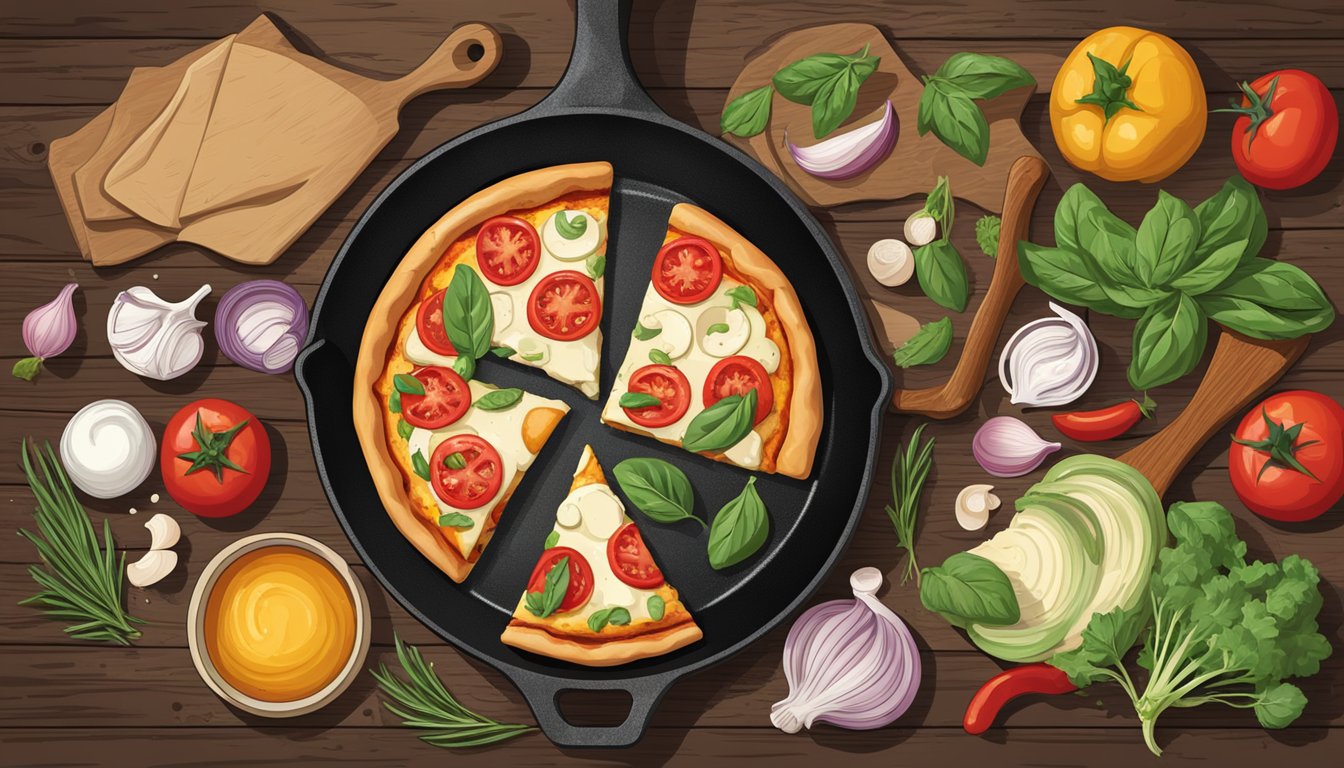 A cast iron skillet sits on a rustic wooden table, surrounded by ingredients for making a delicious pizza. Its seasoned surface tells the story of years of flavorful meals