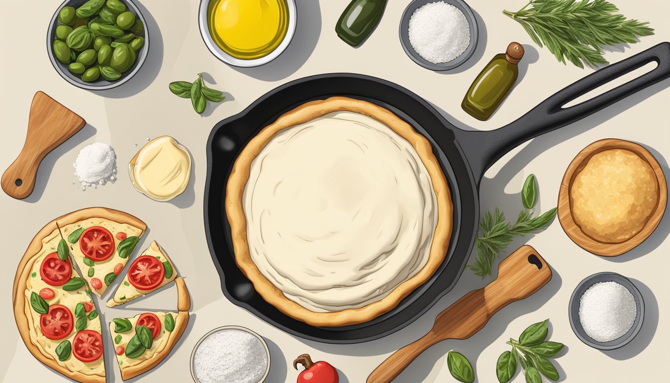 A cast iron skillet filled with freshly kneaded pizza dough, surrounded by ingredients like flour, olive oil, and a rolling pin