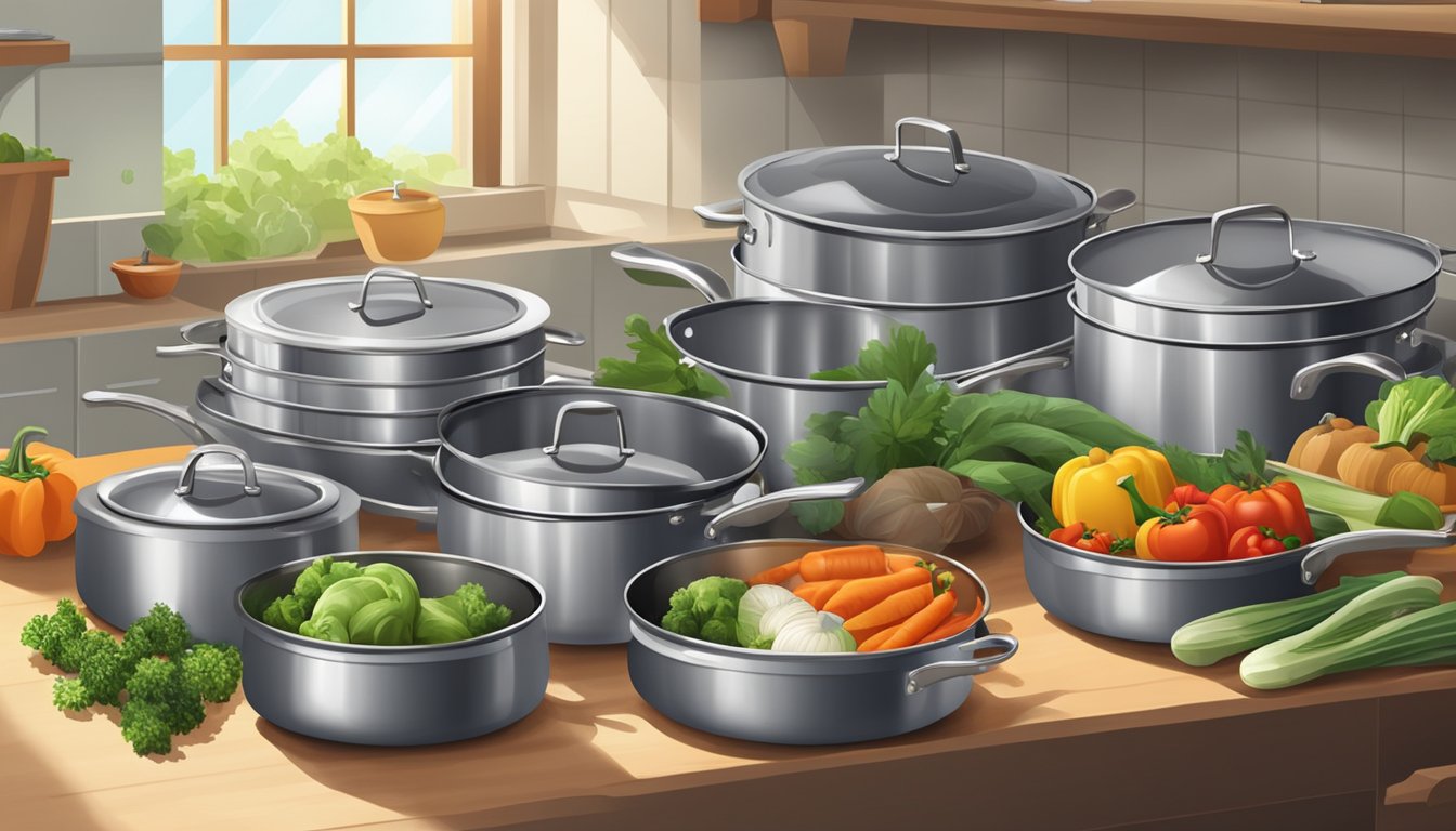 A collection of metal pots and pans stacked on a kitchen counter, with various vegetables and a steaming basket nearby