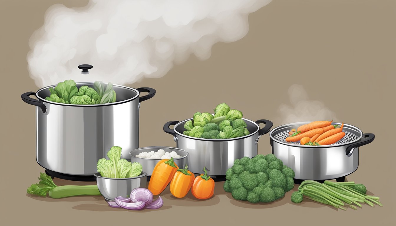 A variety of fresh vegetables steaming in a modern, stainless steel DIY vegetable steamer over a pot of boiling water