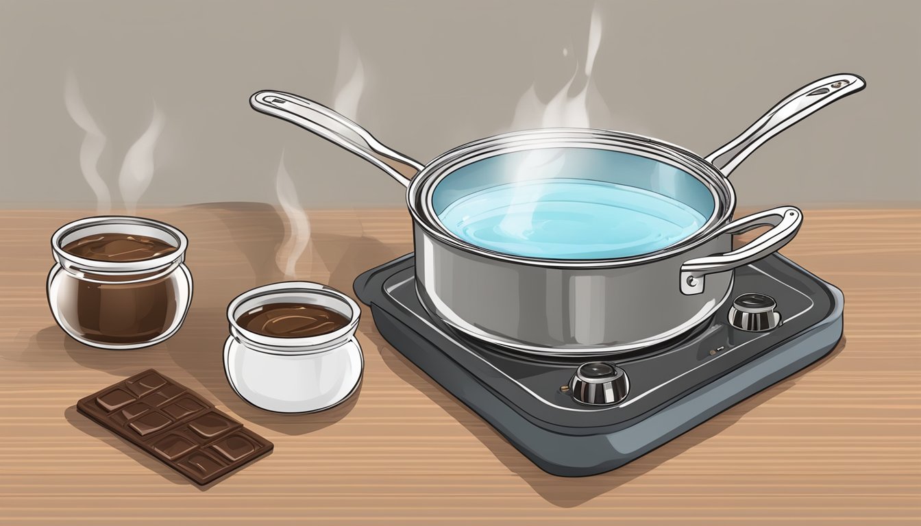 A saucepan with water and a heatproof bowl on top, melting chocolate or heating ingredients for a DIY double boiler